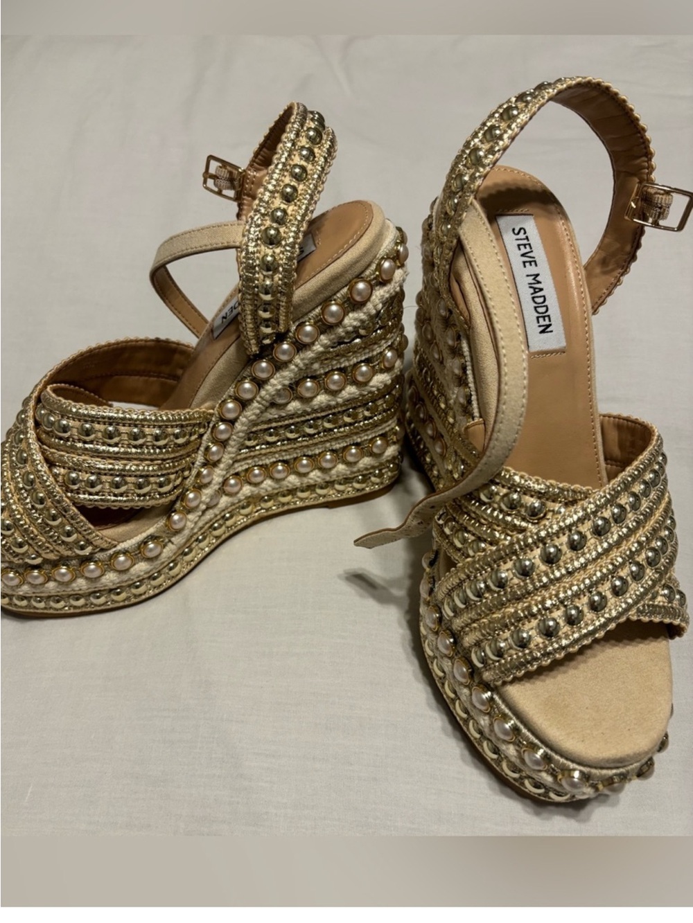 Steve Madden Gold Beaded Pearl-Embellished Wedge Sandals